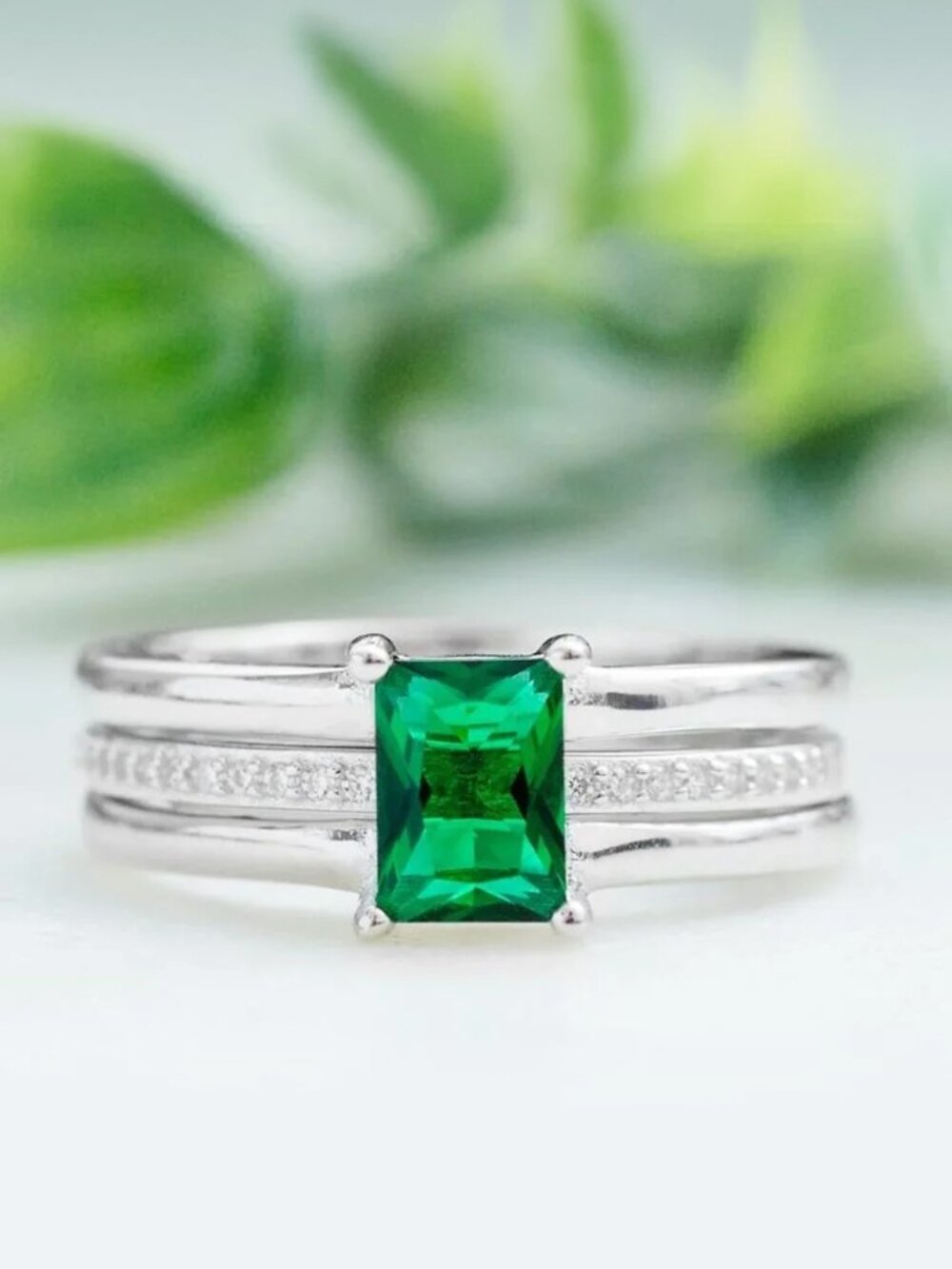 Emerald Green 2 Piece Ring set, real 925 Sterling Silver Charmed Aroma